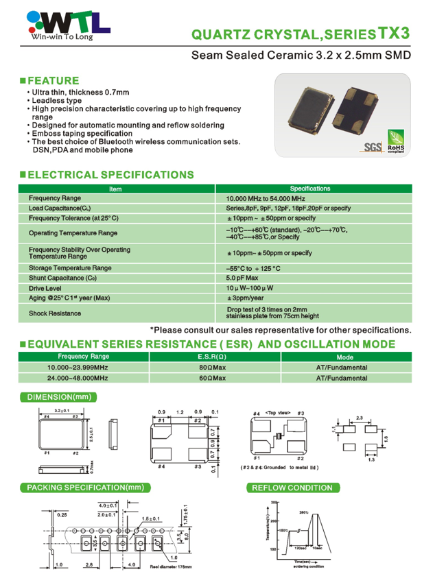 WTL Crystals TX3 series features and specifications.